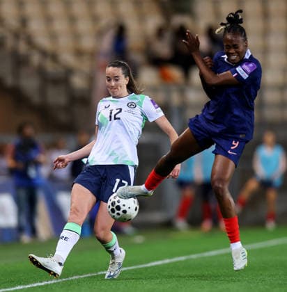 2027 FIFA Women s World Cup Qualifier, Stade des Alpes, Grenoble, France 9 6 2026 France vs Republic of Ireland Ireland s Anna Patten with Melvine Malard of France Anna Patten with Melvine Malard 9 6 2026  Copyright: x INPHO BenxBradyx BB3_2325