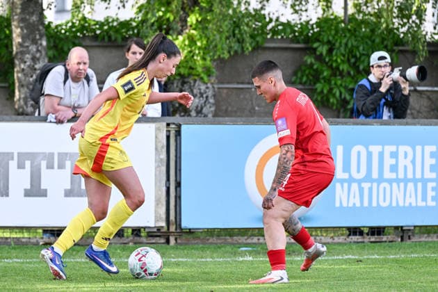 SOCCER WOMEN UEFA QUALIFIERS B4 MD6 LUXEMBURG VS BELGIUM Aurelie Reynders (6) of Belgium and Andreia Machado (4) of Luxemburg pictured during a women football game between the national teams of Luxemburg and Belgium , called the Red Flames , on the sixth match day in League B Group B4 in the league stage of the 2026-27 UEFA Women s European Qualifiers competition , on Tuesday 9 June 2026 in Esch-sur-Alzette , Luxemburg . PHOTO SPORTPIX Stijn Audooren Esch-sur-Alzette Stade de la Frontiere Luxemburg  Copyright: xSportpix.bex xStijnxAudoorenxStijnxAudoorenx