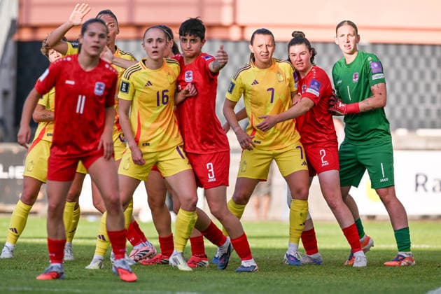 SOCCER WOMEN UEFA QUALIFIERS B4 MD6 LUXEMBURG VS BELGIUM Hannah Eurlings (7) of Belgium and Liane Freymann (2) of Luxemburg pictured during a women football game between the national teams of Luxemburg and Belgium , called the Red Flames , on the sixth match day in League B Group B4 in the league stage of the 2026-27 UEFA Women s European Qualifiers competition , on Tuesday 9 June 2026 in Esch-sur-Alzette , Luxemburg . PHOTO SPORTPIX Stijn Audooren Esch-sur-Alzette Stade de la Frontiere Luxemburg  Copyright: xSportpix.bex xStijnxAudoorenxStijnxAudoorenx