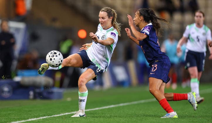 2027 FIFA Women s World Cup Qualifier, Stade des Alpes, Grenoble, France 9 6 2026 France vs Republic of Ireland Ireland s Kyra Carusa with Selma Bacha of France Kyra Carusa with Selma Bacha 9 6 2026  Copyright: x INPHO BenxBradyx BB3_1763