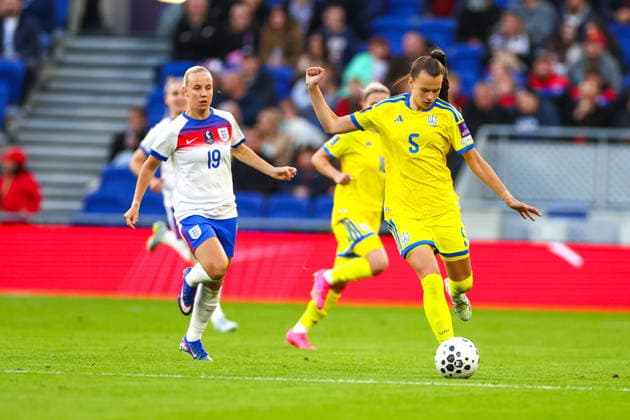 RECORD DATE NOT STATED 9th June 2026; Hill Dickinson Stadium, Liverpool, Merseyside, England; Womens World Cup Qualifier Football, England versus Ukraine; Alina Savka of Ukraine Women on the ball RogerxEvans