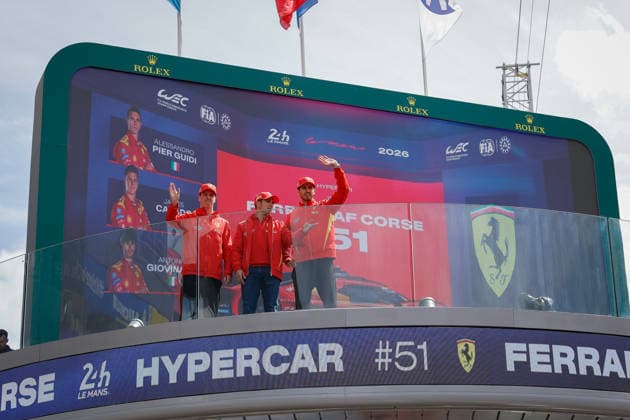 24 HEURES DU MANS 2026 - TUESDAY 51 PIER GUIDI Alessandro (ita), CALADO James (gbr), GIOVINAZZI Antonio (ita), Ferrari AF Corse, Ferrari 499P 51, Hypercar, portrait during the 24 Hours of Le Mans 2026, 3rd round of the 2026 FIA World Endurance Championship, on June 9, 2026 on the Circuit des 24 Heures du Mans in Le Mans, France - Le MansFrance  Copyright: xPauloxMariax
