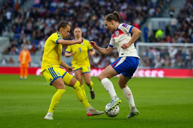 RECORD DATE NOT STATED 9th June 2026; Hill Dickinson Stadium, Liverpool, Merseyside, England; Womens World Cup Qualifier Football, England versus Ukraine; Niamh Charles of England Women with Alina Savka of Ukraine Women RogerxEvans