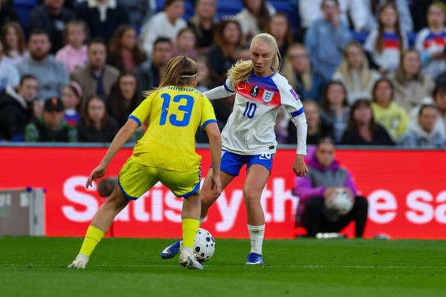 RECORD DATE NOT STATED 9th June 2026; Hill Dickinson Stadium, Liverpool, Merseyside, England; Womens World Cup Qualifier Football, England versus Ukraine; Laura Blindkilde Brown of England Women tracked by Lydia Zaborovets of Ukraine Women RogerxEvans