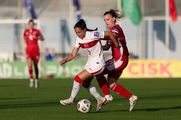 Fatma Sakar (left) of Turkiye is followed by Jade Flask of Malta during the UEFA Women™s European Qualifiers League B, Group B2 soccer match between Malta and Turkiye at the Centenary Stadium in Ta™ Qali, Malta, on 09 June 2026. UEFA Women™s European Qualifiers - Malta v Turkiye