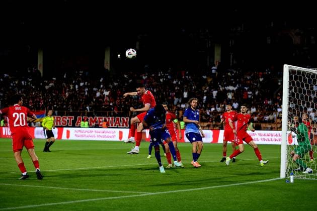 RECORD DATE NOT STATED International Friendlies: Armenia National Football Team v Moldova National Football Team Petru Popescu and Julio Bueno during the International Friendlies match between Armenia National Football Team and Moldova National Football Team at Vazgen Sargsyan Republican Stadium in Yerevan, Armenia on June 9, 2026