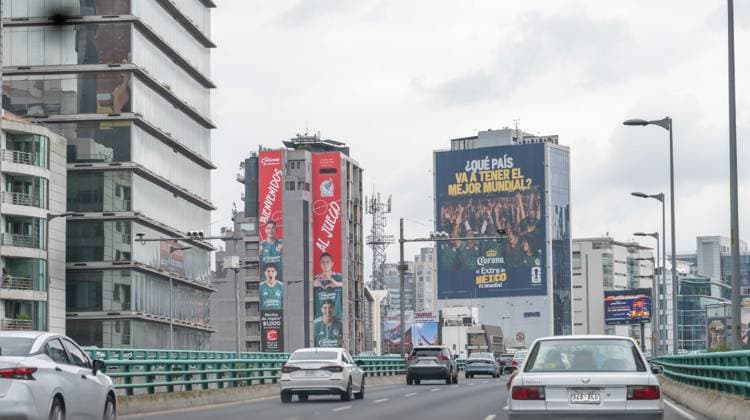 Soccer, men, 2025 26 season, FIFA Word Cup 2026 in Mexico, Canada and USA, Mexico City two days local time before the opening match, in the picture advertising for the Mexico team on the highway to the Aztec stadium Estadio Banorte, 09 06 2026, Copyright: xMatthiasxKochx