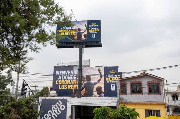 Soccer, men, 2025 26 season, FIFA Word Cup 2026 in Mexico, Canada and USA, Mexico City two days local time before the opening match, in the picture beer and advertising with Diego Maradona opposite the Aztec stadium Estadio Banorte, 09 06 2026, Copyright: xMatthiasxKochx