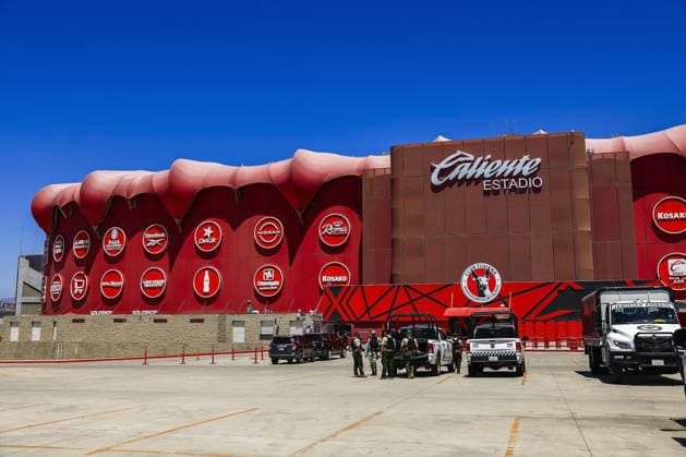 Mexican National Guard increases security for Iran s 2026 FIFA World Cup, WM, Weltmeisterschaft, Fussball training camp TIJUANA, MEXICO - JUNE 09: Members of the Mexican National Guard stand watch outside the Caliente Stadium to secure the training camp of the Iranian National Football Team in Tijuana, Mexico, on Tuesday, June 09, 2026. Security measures have been heightened inside and outside the sports complex to ensure the safety of the squad as they prepare for their upcoming matches in the 2026 FIFA World Cup. Carlos Heredia Anadolu Tijuana Mexico. Editorial use only. Please get in touch for any other usage.  Copyright: x2026xAnadoluxCarlosxHerediax