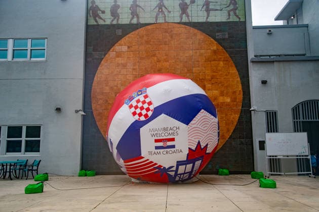MIAMI BEACH, FL - JUNE 09: A general view of the Miami Beach Welcomes Team Croatia inflatable soccer ball on June 9, 2026 in Miami Beach, FL. Forty-eight 16-foot inflatable soccer balls were installed in parks and public spaces as a tribute by Miami Beach to the 48 nations participating in the 2026 FIFA World Cup, WM, Weltmeisterschaft, Fussball Seven 2026 FIFA World Cup matches will be played at Miami Stadium, including four group-stage matches, a round of 32 match, a quarterfinal, and the bronze final. (Photo by Erica Denhoff Icon Sportswire) SOCCER: JUN 09 FIFA World Cup 26 Preview - Miami EDITORIAL USE ONLY Icon26060903