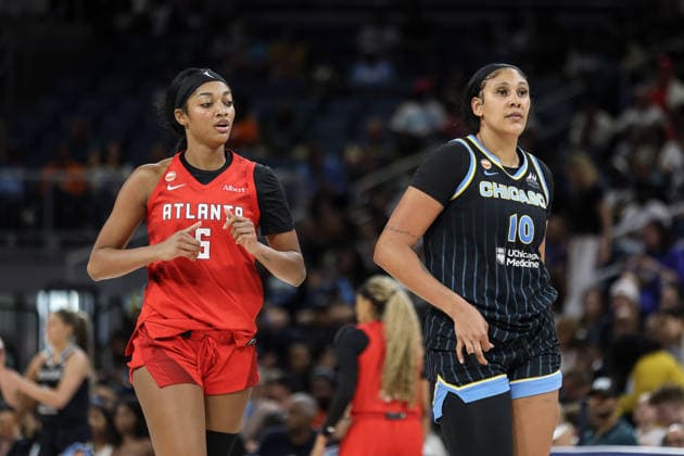 CHICAGO, USA - June 9: Angel Reese (5 Atlanta Dream) and Kamilla Cardoso (10 Chicago Sky) are seen during the WNBA, Basketball Damen, USA Commissionerâ??s Cup game between the Chicago Sky and Atlanta Dream at Wintrust Arena on Tuesday, June 9 in Chicago, USA Copyright: xShainaxBenhiyoun SPPx Sportspressphoto_SPR164207