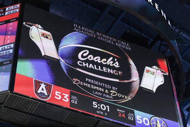 CHICAGO, USA - June 9: Coaches challenge graphic is seen on the jumbotron during the WNBA, Basketball Damen, USA Commissionerâ??s Cup game between the Chicago Sky and Atlanta Dream at Wintrust Arena on Tuesday, June 9 in Chicago, USA Copyright: xShainaxBenhiyoun SPPx Sportspressphoto_SPR164212