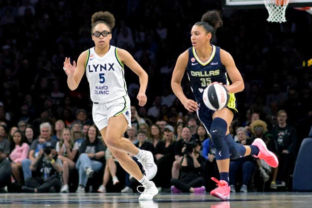 MINNEAPOLIS, MN - JUNE 09: Dallas Wings guard Azzi Fudd (35) brings the ball up -court as Minnesota Lynx guard Olivia Miles (5) gives chase during the second half of a WNBA, Basketball Damen, USA game between the Minnesota Lynx and Dallas Wings on June 9, 2026, at Target Center in Minneapolis MN. (Photo by Nick Wosika Icon Sportswire) WNBA: JUN 09 Dallas Wings at Minnesota Lynx EDITORIAL USE ONLY Icon20260609005