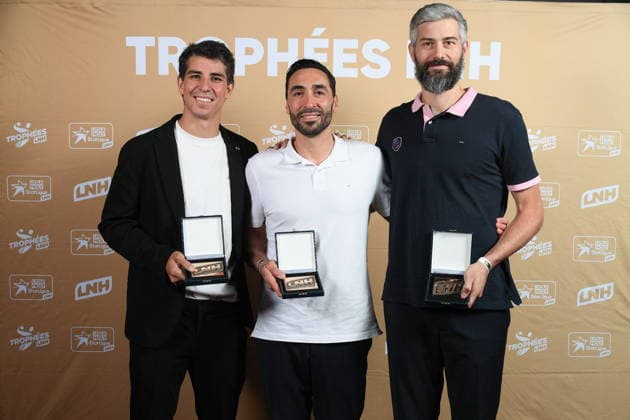 Trophees LNH 2026 - Paris Diego Simonet, Valero Rivera, and Pierre Paturel are seen during the Trophees LNH 2026 ceremony at Theâtre Marigny on the Champs-Élysees in Paris, France on June 9, 2026, organized by the Ligue Nationale de Handball. Photo by Lionel Urman ABACAPRESS.COM Paris France  Copyright: xUrmanxLionel ABACAx