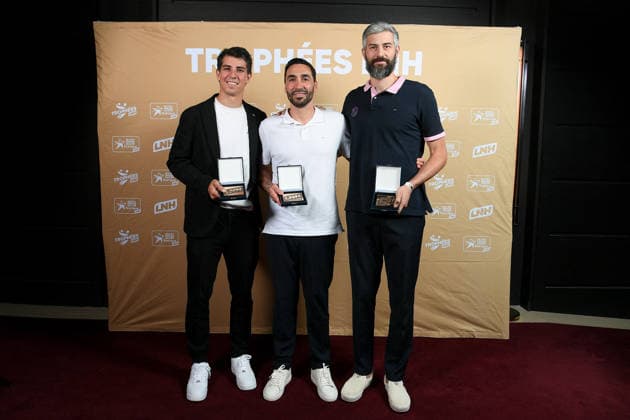 Trophees LNH 2026 - Paris Diego Simonet, Valero Rivera, and Pierre Paturel are seen during the Trophees LNH 2026 ceremony at Theâtre Marigny on the Champs-Élysees in Paris, France on June 9, 2026, organized by the Ligue Nationale de Handball. Photo by Lionel Urman ABACAPRESS.COM Paris France  Copyright: xUrmanxLionel ABACAx