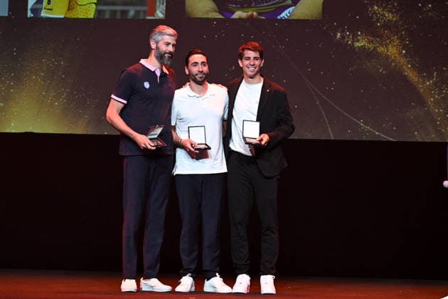 Trophees LNH 2026 - Paris Diego Simonet, Valero Rivera, and Pierre Paturel are seen during the Trophees LNH 2026 ceremony at Theâtre Marigny on the Champs-Élysees in Paris, France on June 9, 2026, organized by the Ligue Nationale de Handball. Photo by Lionel Urman ABACAPRESS.COM Paris France  Copyright: xUrmanxLionel ABACAx