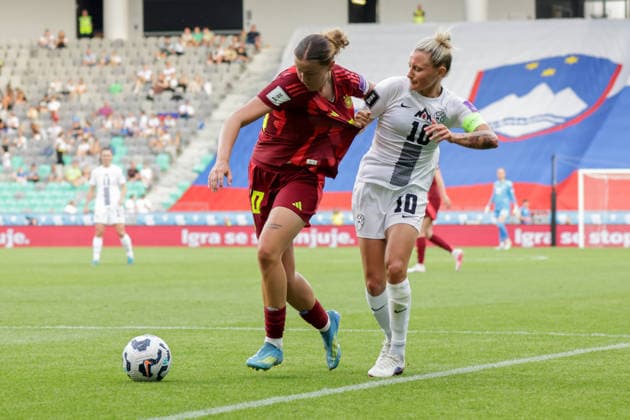 09 06 2026, xgrfx, Soccer World Cup Qualification Women, Slovenia Germany v l Larissa Mühlhaus German Womens National Team , Dominika Conc Slovenia DFL DFB REGULATIONS PROHIBIT ANY USE OF PHOTOGRAPHS as IMAGE SEQUENCES and or QUASI VIDEO Ljubljana