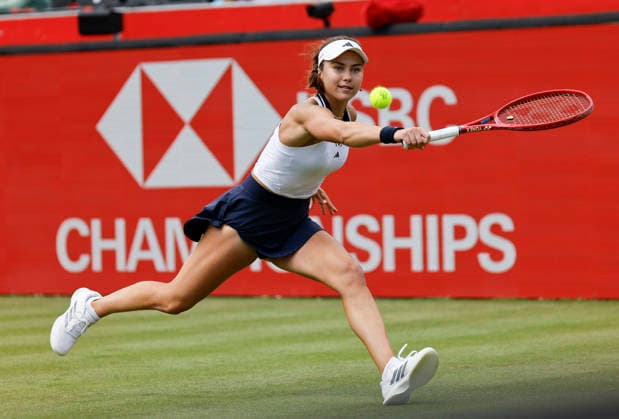 RECORD DATE NOT STATED 10th June 2026; HSBC Championships, Queens Club, West Kensington, London, England; HSBC Championships Tennis, Day One; Iva Jovic (USA) plays a backhand shot against Alexandra Eala (PHI) HongboxChen