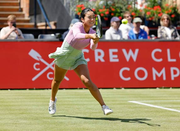 RECORD DATE NOT STATED 10th June 2026; HSBC Championships, Queens Club, West Kensington, London, England; HSBC Championships Tennis, Day One; Alexandra Eala (PHI) plays a backhand shot against Iva Jovic (USA) HongboxChen