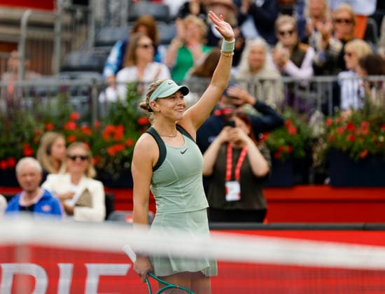RECORD DATE NOT STATED 10th June 2026; HSBC Championships, Queens Club, West Kensington, London, England; HSBC Championships Tennis, Day One; Amanda Anisimova (USA) celebrates her win after defeating Laura Siegemund (GER) HongboxChen