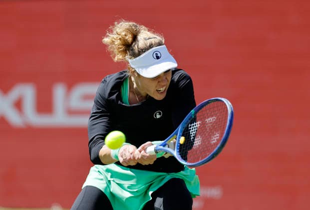 RECORD DATE NOT STATED 10th June 2026; HSBC Championships, Queens Club, West Kensington, London, England; HSBC Championships Tennis, Day One; Laura Siegemund (GER) plays a backhand shot against Amanda Anisimova (USA) HongboxChen