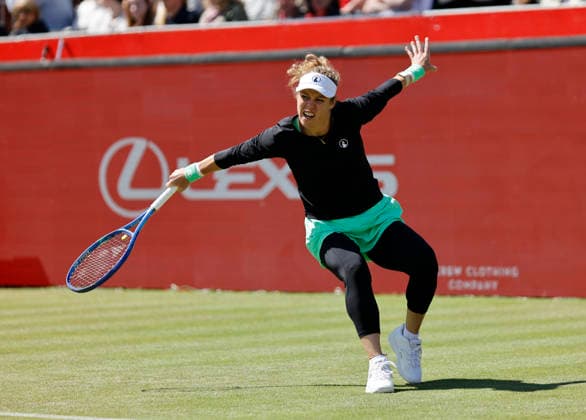 RECORD DATE NOT STATED 10th June 2026; HSBC Championships, Queens Club, West Kensington, London, England; HSBC Championships Tennis, Day One; Laura Siegemund (GER) plays a backhand shot against Amanda Anisimova (USA) HongboxChen