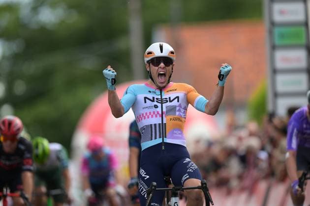 New Zealander Corbin Strong of NSN Cycling Team celebrates after winning the Circuit Franco-Belge cycling race, 195,6 km from Tournai to Mont-de-l Enclus, stage 6 (out of 9) of the Lotto Cycling Cup, on Wednesday 10 June 2026. DAVIDxPINTENS  x177028043x