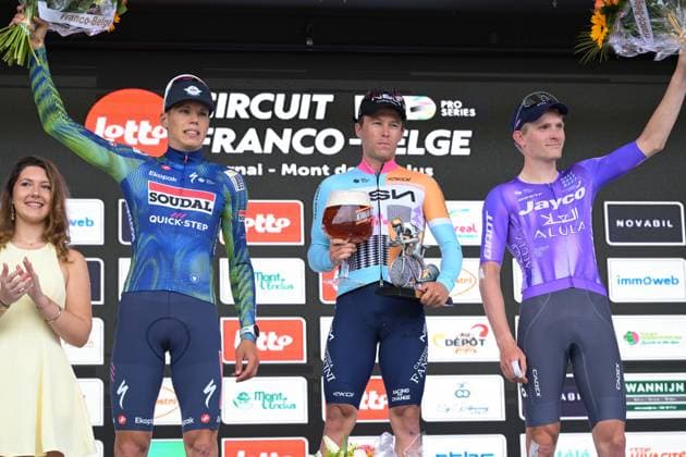 French Paul Magnier of Soudal Quick-Step, New Zealander Corbin Strong of NSN Cycling Team and Danish Anders Foldager of Team Jayco-AIUIa celebrate on the podium of the Circuit Franco-Belge cycling race, 195,6 km from Tournai to Mont-de-l Enclus, stage 6 (out of 9) of the Lotto Cycling Cup, on Wednesday 10 June 2026. DAVIDxPINTENS  x177031326x