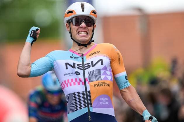New Zealander Corbin Strong of NSN Cycling Team celebrates as he crosses the finish line to win the Circuit Franco-Belge cycling race, 195,6 km from Tournai to Mont-de-l Enclus, stage 6 (out of 9) of the Lotto Cycling Cup, on Wednesday 10 June 2026. DAVIDxPINTENS  x177032338x