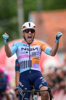 New Zealander Corbin Strong of NSN Cycling Team celebrates as he crosses the finish line to win the Circuit Franco-Belge cycling race, 195,6 km from Tournai to Mont-de-l Enclus, stage 6 (out of 9) of the Lotto Cycling Cup, on Wednesday 10 June 2026. DAVIDxPINTENS  x177032362x