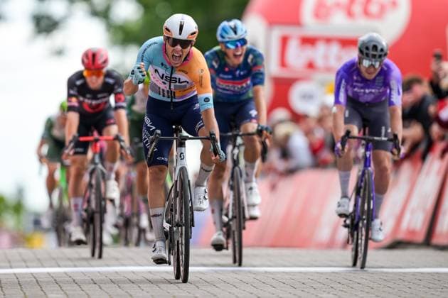 New Zealander Corbin Strong of NSN Cycling Team celebrates as he crosses the finish line to win the Circuit Franco-Belge cycling race, 195,6 km from Tournai to Mont-de-l Enclus, stage 6 (out of 9) of the Lotto Cycling Cup, on Wednesday 10 June 2026. DAVIDxPINTENS  x177032399x