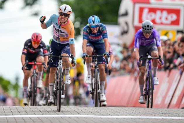 New Zealander Corbin Strong of NSN Cycling Team celebrates as he crosses the finish line to win the Circuit Franco-Belge cycling race, 195,6 km from Tournai to Mont-de-l Enclus, stage 6 (out of 9) of the Lotto Cycling Cup, on Wednesday 10 June 2026. DAVIDxPINTENS  x177032414x
