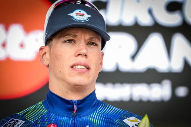 French Paul Magnier of Soudal Quick-Step pictured on the podium after the Circuit Franco-Belge cycling race, 195,6 km from Tournai to Mont-de-l Enclus, stage 6 (out of 9) of the Lotto Cycling Cup, on Wednesday 10 June 2026. DAVIDxPINTENS  x177033871x