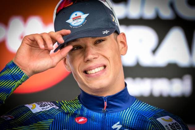 French Paul Magnier of Soudal Quick-Step pictured on the podium after the Circuit Franco-Belge cycling race, 195,6 km from Tournai to Mont-de-l Enclus, stage 6 (out of 9) of the Lotto Cycling Cup, on Wednesday 10 June 2026. DAVIDxPINTENS  x177033992x