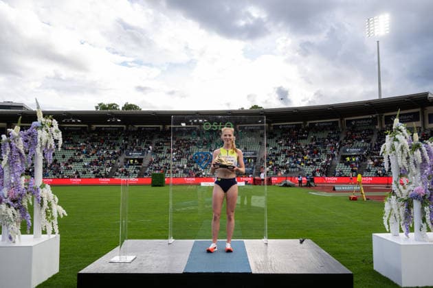 260610 Andrea Nygard Vie of Norway receives an award during the Diamond League athletics competition Bislett Games on June 10, 2026 in Oslo Photo Jon Olav Nesvold BILDBYRAN COP 217 MM0071 bbeng friidrett friidrott athletics diamond league bislett games 2026 bislett games norge norway  Copyright: JONxOLAVxNESVOLD BB260610JE012