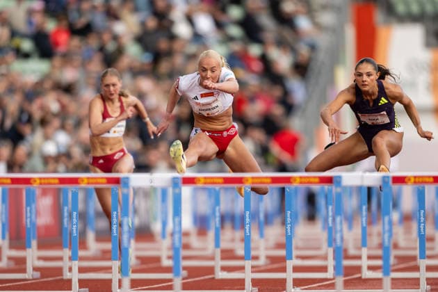 260610 Lovise Andresen Skarbovik of Norway and Elea Jorstad Bock of Norway compete in women™s 100 meter hurdles national final during the Diamond League athletics competition Bislett Games on June 10, 2026 in Oslo Photo Marius Simensen BILDBYRAN COP 238 MM0071 bbeng friidrett friidrott athletics diamond league bislett games 2026 bislett games norge norway  Copyright: MARIUSxSIMENSEN BB260610BB459