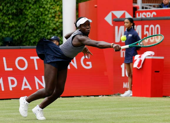 RECORD DATE NOT STATED 10th June 2026; HSBC Championships, Queens Club, West Kensington, London, England; HSBC Championships Tennis, Day One; Victoria Mboko (CAN) plays a backhand shot against Karolina Pliskova (CZE) HongboxChen