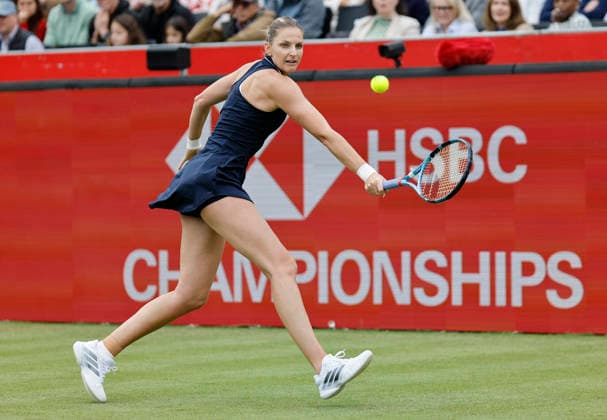 RECORD DATE NOT STATED 10th June 2026; HSBC Championships, Queens Club, West Kensington, London, England; HSBC Championships Tennis, Day One; Karolina Pliskova (CZE) plays a backhand shot against Victoria Mboko (CAN) HongboxChen