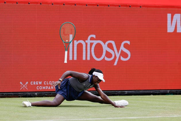 RECORD DATE NOT STATED 10th June 2026; HSBC Championships, Queens Club, West Kensington, London, England; HSBC Championships Tennis, Day One; Victoria Mboko (CAN) slips in the match against Karolina Pliskova (CZE) HongboxChen