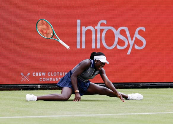 RECORD DATE NOT STATED 10th June 2026; HSBC Championships, Queens Club, West Kensington, London, England; HSBC Championships Tennis, Day One; Victoria Mboko (CAN) slips in the match against Karolina Pliskova (CZE) HongboxChen