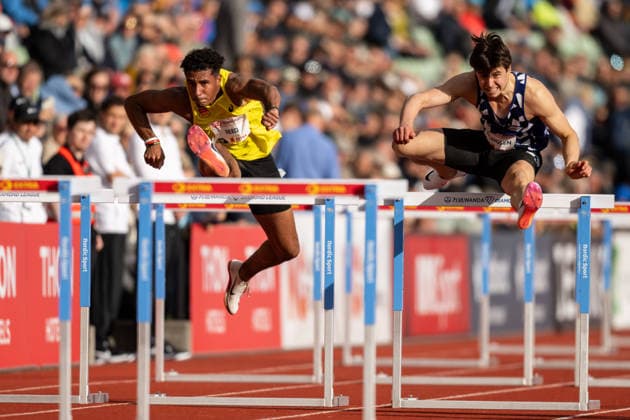 260610 Philip Reed of Norway and Oscar Ellingsen of Norway compete in men™s 110 meter hurdles national final during the Diamond League athletics competition Bislett Games on June 10, 2026 in Oslo Photo Marius Simensen BILDBYRAN COP 238 MM0071 bbeng friidrett friidrott athletics diamond league bislett games 2026 bislett games norge norway  Copyright: MARIUSxSIMENSEN BB260610BB469