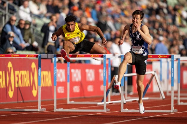 260610 Philip Reed of Norway and Oscar Ellingsen of Norway compete in men™s 110 meter hurdles national final during the Diamond League athletics competition Bislett Games on June 10, 2026 in Oslo Photo Marius Simensen BILDBYRAN COP 238 MM0071 bbeng friidrett friidrott athletics diamond league bislett games 2026 bislett games norge norway  Copyright: MARIUSxSIMENSEN BB260610BB471