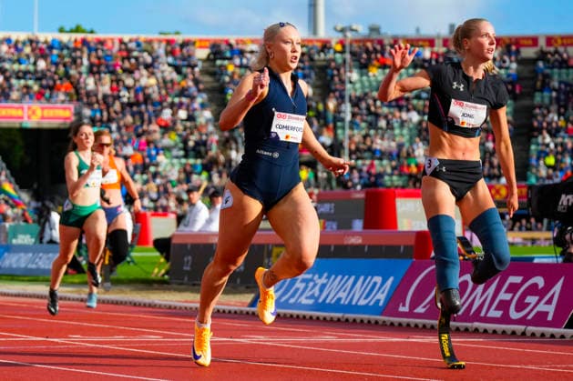 Athletics Bislett Games 2026 Oslo 20260610 Oda Comerford from Ireland and Fleur Jong from the Netherlands in the womens 100m para event during the Bislett Games at Bislett Stadium in Oslo Photo Heiko Junge NTB Oslo Norway EDITORIAL USE ONLY RESTRICTED USE FOR BETTING COMPANIES  Copyright: xHeikoxJungex xNTBx