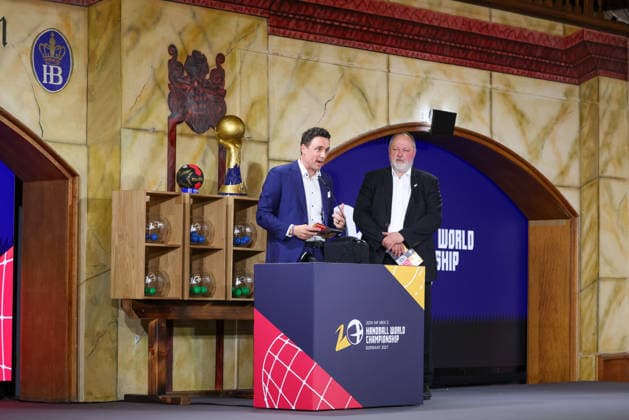 Andreas Michelmann DHB President with Pascal Jenny Board IHF , GER, Draw for the IHF Mens Handball World Championship 2027, 10 06 2026, GER, Draw for the IHF Mens Handball World Championship 2027, 10 06 2026 Munich Copyright: xEibner-Pressefoto JennixMaulx EP_JML
