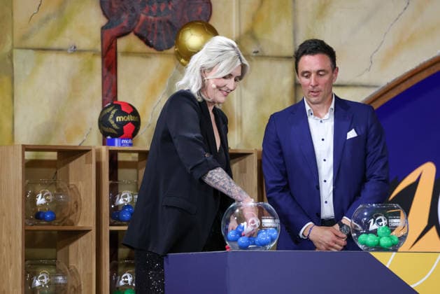 Draw of lots Anja Althaus former handball player and Pascal Jenny IHF board member at the draw, GER, Draw for the 2027 IHF Mens Handball World Championship, 10 06 2026, GER, Draw for the 2027 IHF Mens Handball World Championship, 10 06 2026 Munich Copyright: xEibner-Pressefoto JennixMaulx EP_JML