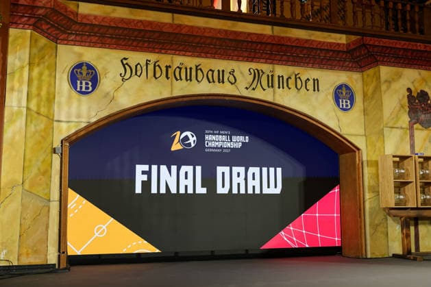 The logo of the 2027 Handball World Championship at the draw in the Hofbraeuhaus in Munich, GER, Draw for the 2027 IHF Mens Handball World Championship, 10 06 2026, GER, Draw for the 2027 IHF Mens Handball World Championship, 10 06 2026 Munich Copyright: xEibner-Pressefoto JennixMaulx EP_JML