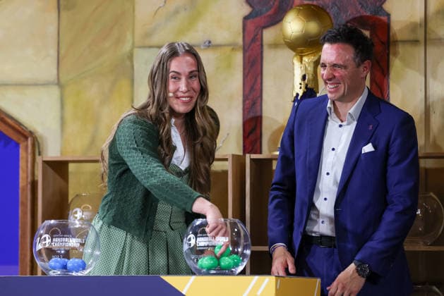 Svenja Brunckhort German basketball player and Pascal Jenny IHF board member at the draw, GER, Draw for the 2027 IHF Mens Handball World Championship, 10 06 2026, GER, Draw for the 2027 IHF Mens Handball World Championship, 10 06 2026 Munich Copyright: xEibner-Pressefoto JennixMaulx EP_JML