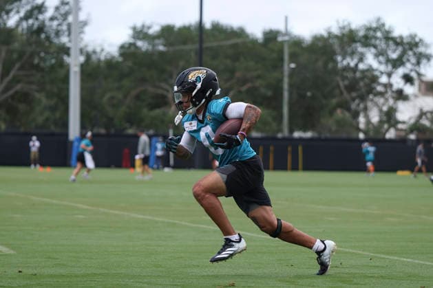 JACKSONVILLE, FL - JUNE 10: Jacksonville Jaguars wide receiver Michael Wortham (0) works on a drill during Minicamp on June 10, 2026 at Miller Electric Center in Jacksonville, Fl. (Photo by David Rosenblum Icon Sportswire) NFL, American Football Herren, USA JUN 10 Jacksonville Jaguars Minicamp EDITORIAL USE ONLY Icon260610161725