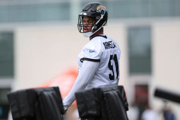 JACKSONVILLE, FL - JUNE 10: Jacksonville Jaguars defensive tackle Arik Armstead (91) works on a drill during Minicamp on June 10, 2026 at Miller Electric Center in Jacksonville, Fl. (Photo by David Rosenblum Icon Sportswire) NFL, American Football Herren, USA JUN 10 Jacksonville Jaguars Minicamp EDITORIAL USE ONLY Icon260610162361