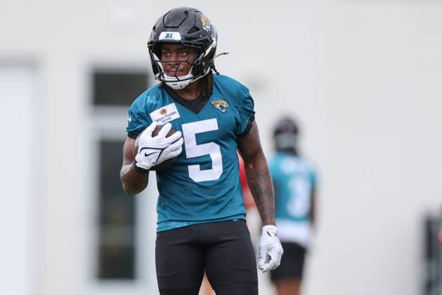 JACKSONVILLE, FL - JUNE 10: Jacksonville Jaguars running back LeQuint Allen Jr. (5) during Minicamp on June 10, 2026 at Miller Electric Center in Jacksonville, Fl. (Photo by David Rosenblum Icon Sportswire) NFL, American Football Herren, USA JUN 10 Jacksonville Jaguars Minicamp EDITORIAL USE ONLY Icon260610162672